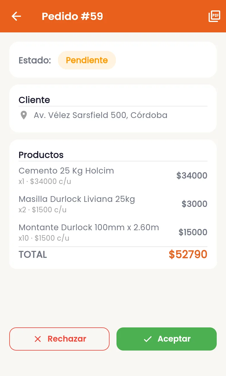 La app del corralón: el pedido nuevo, para aceptarlo y prepararlo